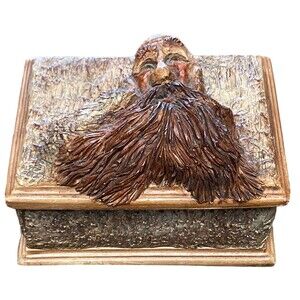 Vintage Handmade Hand Carved 3D Old Man Face Trinket Lidded Box BEARD